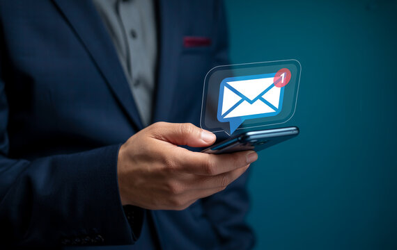 Man using smartphone displaying email notification with number one for communication and message alert.