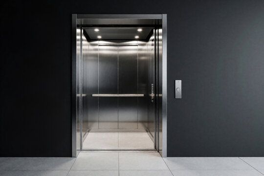 Modern steel elevator with open sliding doors in dark office lobby. Empty metal lift stands in minimalist corridor with bright interior lights. Silver elevator cab waits in luxury hotel building