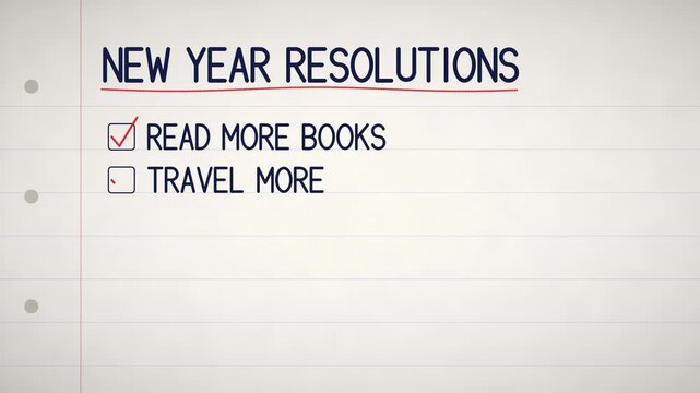 New Year resolutions checklist handwritten in blue ink on lined notebook paper, each goal ticked in red, then Hello 2027 circled