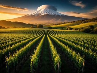 Naklejka premium Green vineyard rows lead toward massive snow covered volcano under golden sunset light. Rich grape plantation stretches across hills in rural landscape. Scenic mountain view with white clouds above