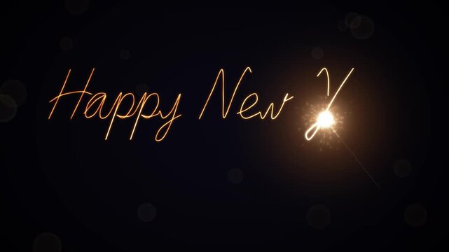 Burning sparkler writes Happy New Year in glowing cursive script with flying sparks, then 2027 below on a dark night background