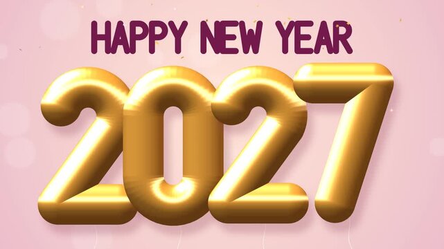 Gold foil balloon numbers 2027 inflate one by one and float on a soft pink background with falling foil confetti and Happy New Year text