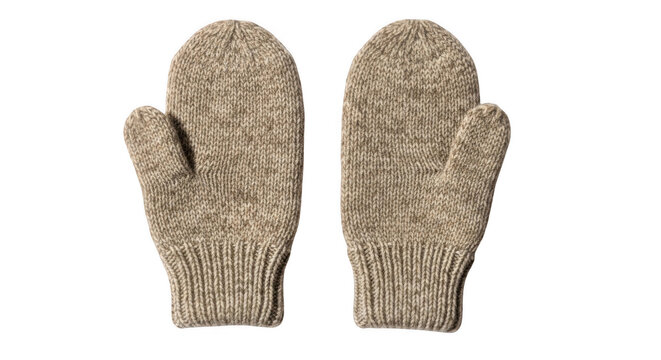 Pair of beige knitted wool mittens isolated on a transparent