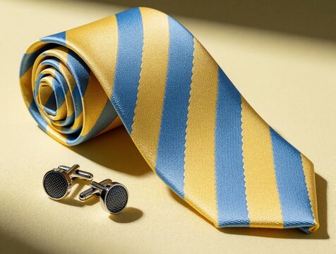 Yellow, blue striped silk necktie rolled up near silver cufflinks. Menswear accessories for formal business suit wedding outfit. Elegant fashion details of striped tie, metal jewellery on plain
