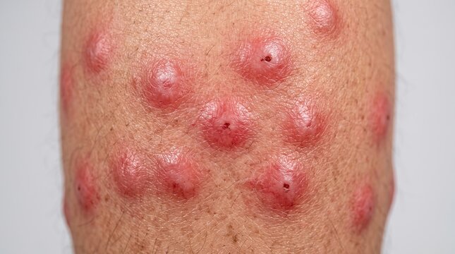 Close-up of multiple large swollen red papules on lower leg from severe insect bites or prurigo nodularis