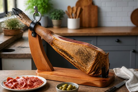 Cured ham mounted on a traditional wooden jamonera stand. Sliced prosciutto on a plate with green olives on a kitchen counter