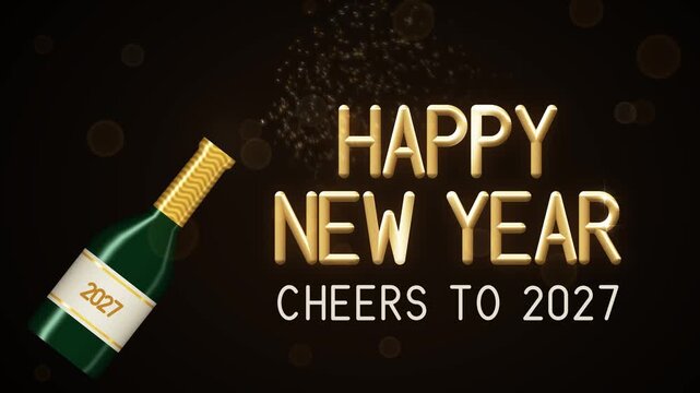 Champagne bottle pops its cork and sprays sparkling foam as golden Happy New Year and Cheers to 2027 text appears on a dark background