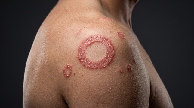 Close-up of typical ringworm tinea corporis circular red rash lesions on a male shoulder