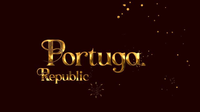 Portugal Republic Day gold text animation with luxury metallic script typography, castle and glitter sparkle, October 5 national holiday