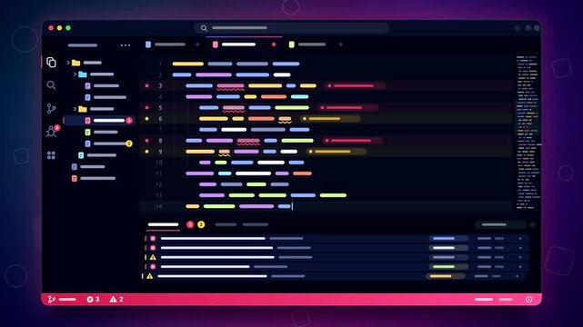 Dark mode code editor error console animation, red squiggly underlines and problems panel with error and warning counters, bugs fixed with success toast, flat 2D UI, seamless loop 4K