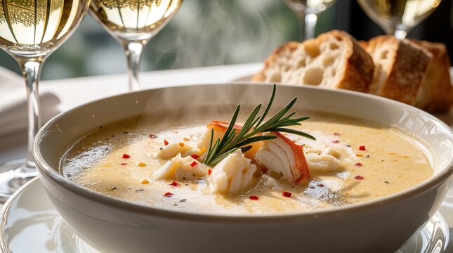 Hot steaming bowl of creamy crab bisque with chunks of seafood, fresh rosemary herb. Gourmet seafood soup served with crusty bread slices, white wine glasses on table. Delicious luxury dinner meal in