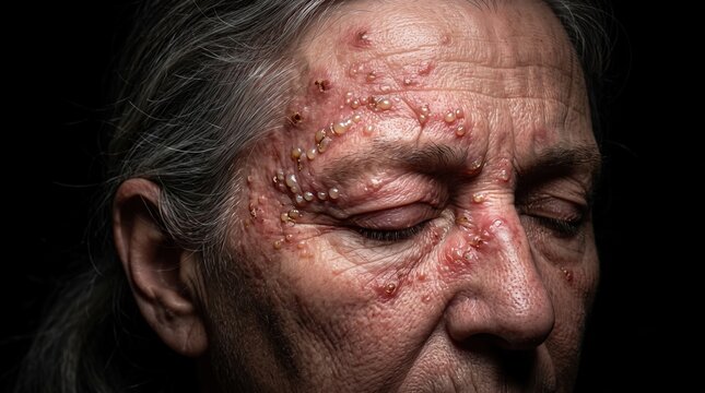 Extreme close-up of severe herpes zoster ophthalmicus shingles blisters around the eye of an elderly woman