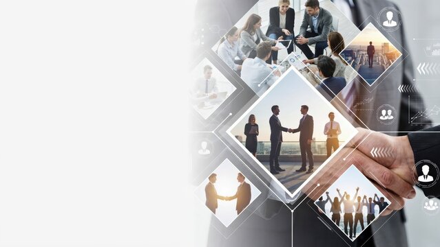 Business people shaking hands and working in office environment collage