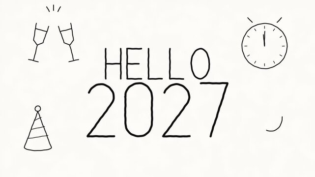 Hand drawn black line doodles of a clock, champagne glasses, party hat and balloon draw around Hello 2027 on a white background