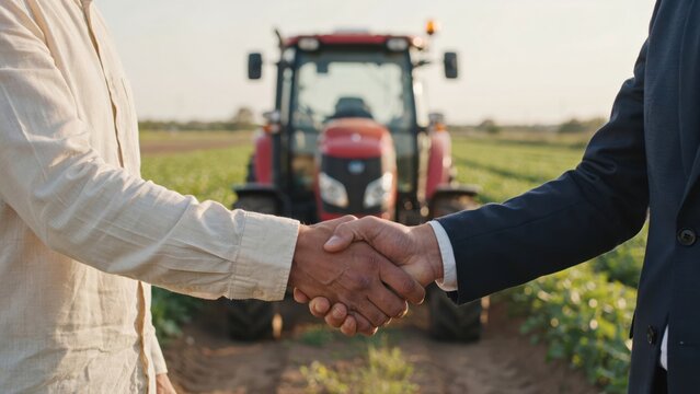 Farmer and businessman shaking hands in front of a tractor on a farm