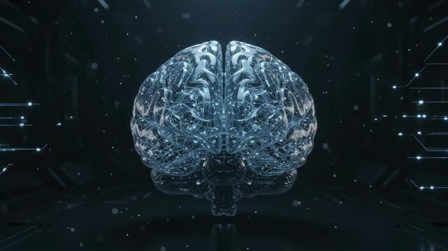 Futuristic digital artificial intelligence brain concept with glowing neural network connections in a dark cyberspace environment representing advanced technology and data processing