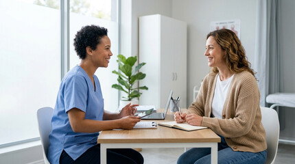 Fototapeta premium Doctor consults with patient, smiling and taking notes during appointment