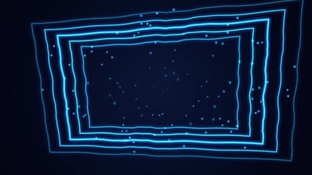 Abstract neon blue glowing rectangular frames motion background, with particles