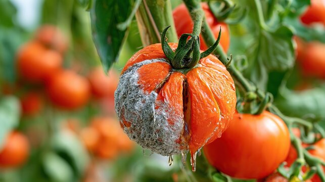 Rotten tomato plant disease close-up, Moldy fungus organic decay texture, Agriculture food spoilage problem background