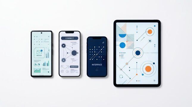 Modern technology concept featuring a collection of smartphones and tablet displaying abstract data analytics, network connections, and user interface design elements on clean