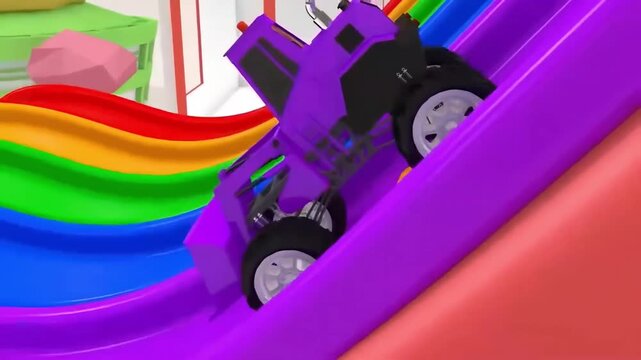 Purple Toy Monster Truck Driving Down a Vibrant Rainbow Track Beside Colorful Balls
