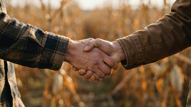 Closeup of two farmers shaking hands in a corn field during harvest season