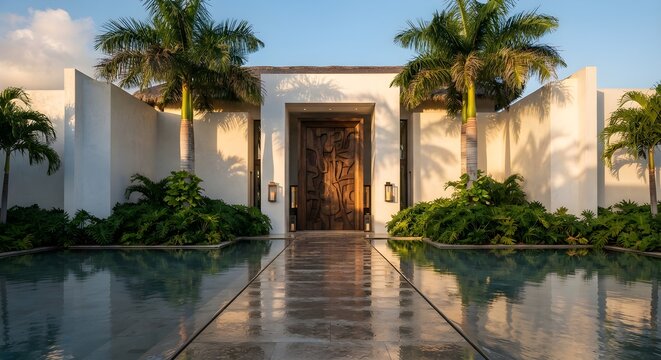 Grand carved wooden entrance door of a luxury tropical resort with reflecting pool