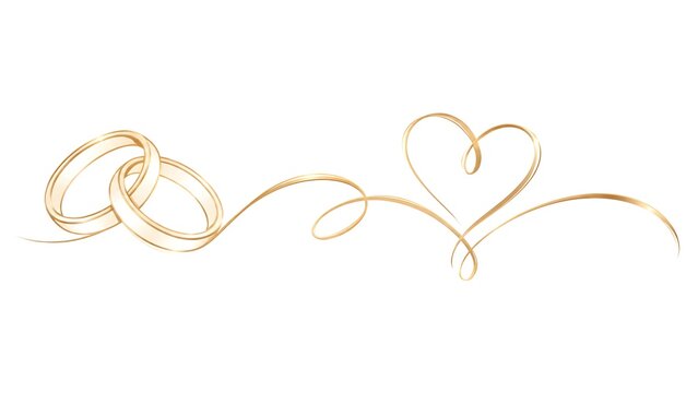 Romantic wedding invitation design element featuring golden interlocking rings and a delicate heart shaped swirl ribbon