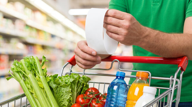 Expensive grocery price comparison during shopping. Financial inflation crisis. supermarket retail shopping purchase, cost bill spending increase rise, client budget