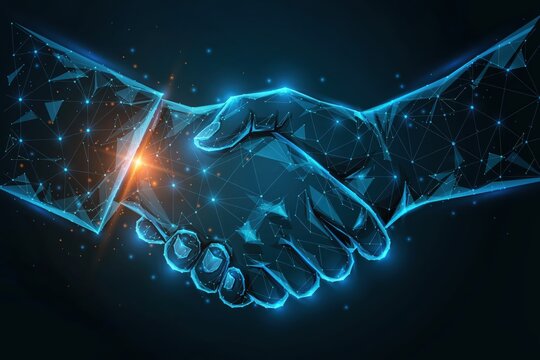 Digital handshake representing business partnership and technology collaboration