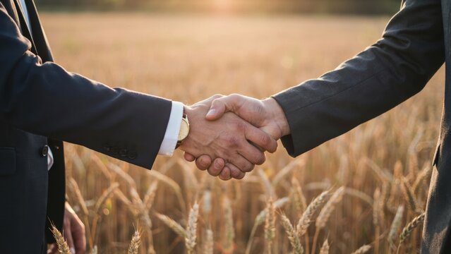 Business handshake between two men in suits in a golden wheat field at sunset