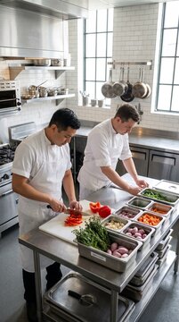 Two male chefs preparing vegetables in restaurant commercial kitchen. Vertical photo of professional cooks slicing red peppers with fresh mise en place ingredients