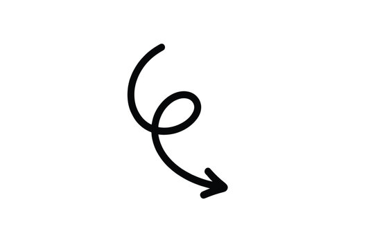 Hand drawn curly arrow pointing downwards, a simple black doodle for emphasizing directions or attention.