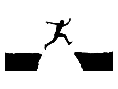 Human figure jumping over a wide gap between two cliffs silhouette graphic representing risk management and success.