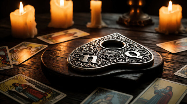 Mystical planchette sits on wooden spirit board with tarot cards. Burning candles glow in dark room during occult ritual. Esoteric tools for divination, psychic reading on table. Occult objects used