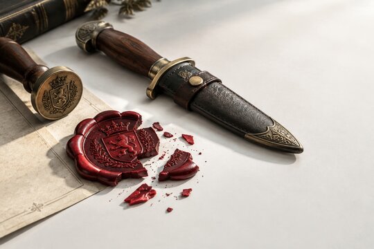Broken wax seal with crest stamp and dagger, security and authenticity concept