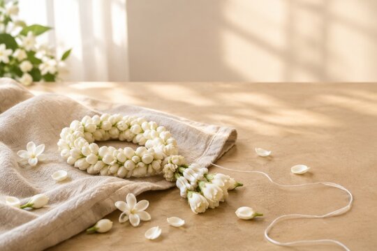 Sampaguita garland on unbleached linen with scattered petals and thread, handmade natural beauty concept