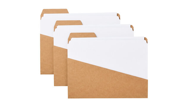 Three Two-Tone Kraft Paper File Folders with Diagonal Pockets and White Documents Arranged in a Stack for Modern Office Organization and Archiving
