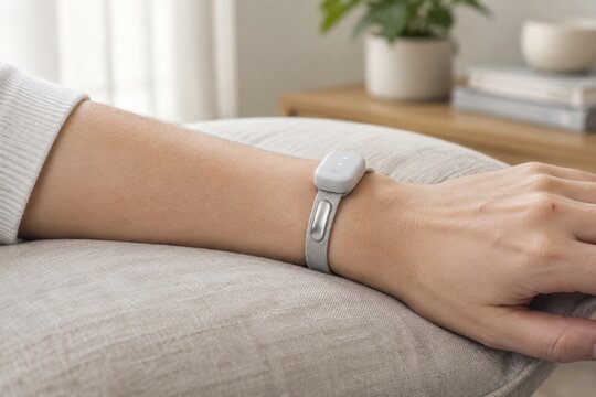 Adult forearm with fabric wristband and silver skin sensor on linen cushion, wearable biofeedback device, health monitoring concept