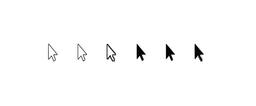 Computer mouse cursor icons set in outline, pixelated, and solid styles for user interface design.