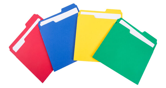 Vibrant Colorful File Folders Red Blue Yellow Green Fanned Out with Documents for Office Organization and Color Coded Data Classification
