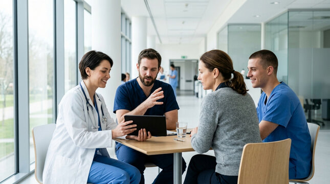 Healthcare Professionals Discussing Patient Care on Tablet in Hospital Corridor