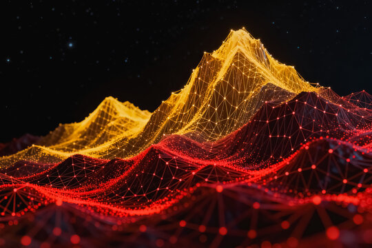 A 3D digital wireframe mountain landscape glows with yellow and red lights against a starry night sky, representing network and data visualization.