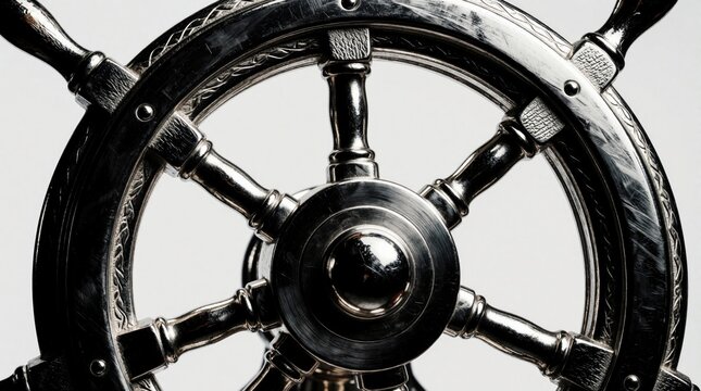 Detailed metal ship wheel with silver finish. Close up of antique nautical steering helm showing intricate engravings, polished texture. Classic maritime hardware for boat decoration sea themed