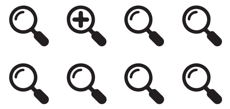 Black magnifying glass icons with a single zoom in plus symbol variation on checkered backdrop pattern.