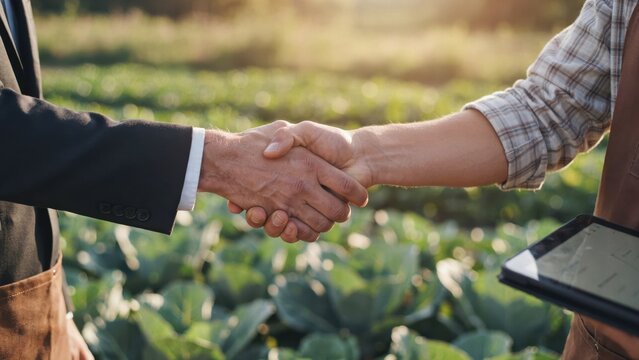 Farmer and businessman shaking hands in a field