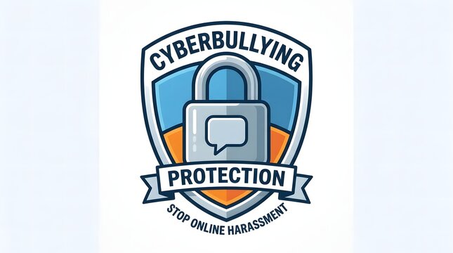 Cyberbullying protection shield emblem with a padlock to stop online harassment and digital abuse.