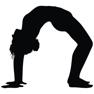 Female gymnast silhouette performing backbend wheel yoga pose in black vector illustration.
