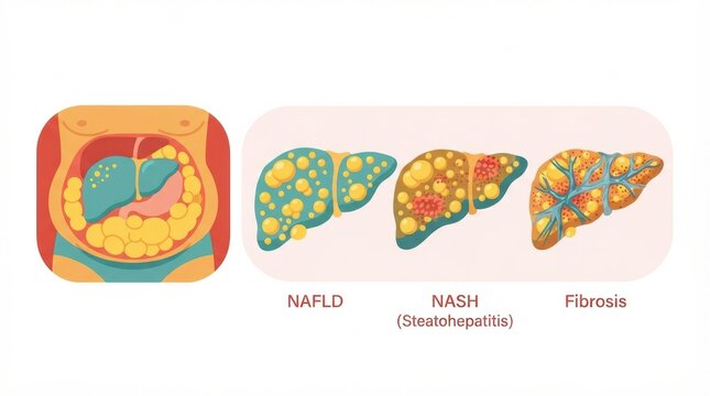 The illustration shows stages of fatty liver disease including NAFLD, NASH, and fibrosis, aimed at health awareness and treatment options.