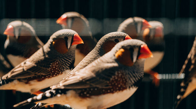 Zebra finches in a row, curious and attentive, against a blurred background